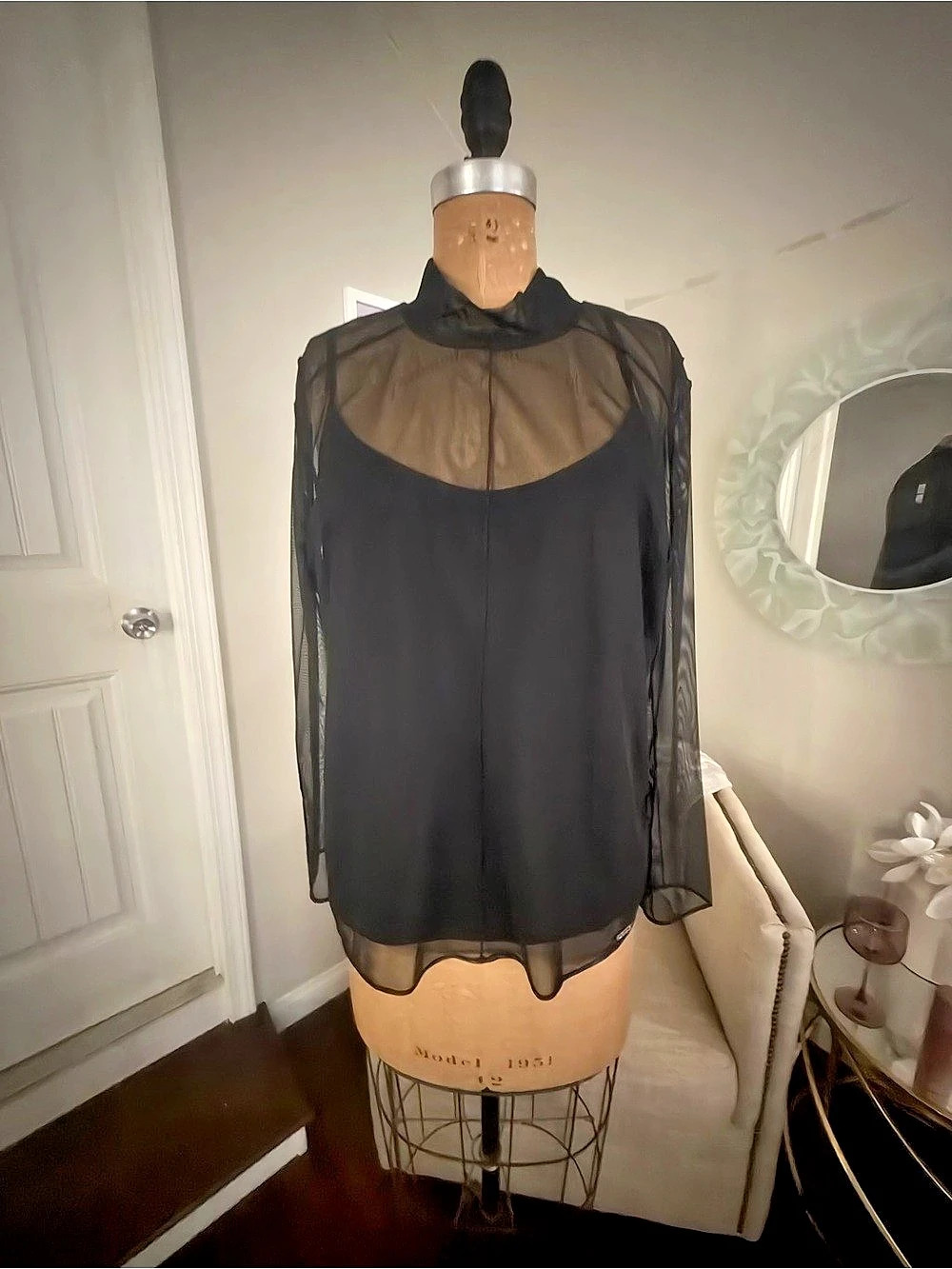 DKNY Embellished Mesh Mock Neck Top Black